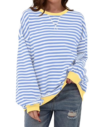 Labolliy Women Striped Oversized Sweatshirt Color Block Crew Neck Long Sleeve Shirt Casual Pullover Top Fall Y2K Clothes Blue White