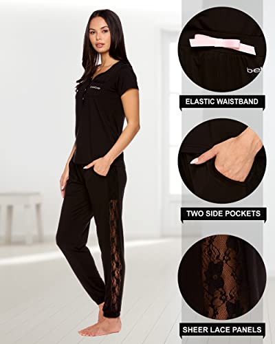 Bebe Womens Pajama Set - Short Sleeve Shirt with Jogger Pajama Pants (Black)