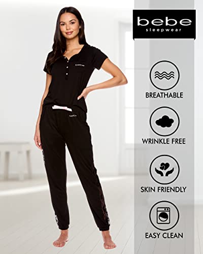 Bebe Womens Pajama Set - Short Sleeve Shirt with Jogger Pajama Pants (Black)