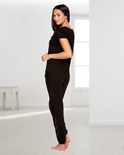 Bebe Womens Pajama Set - Short Sleeve Shirt with Jogger Pajama Pants (Black)