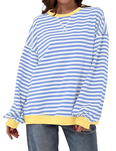 Labolliy Women Striped Oversized Sweatshirt Color Block Crew Neck Long Sleeve Shirt Casual Pullover Top Fall Y2K Clothes Blue White