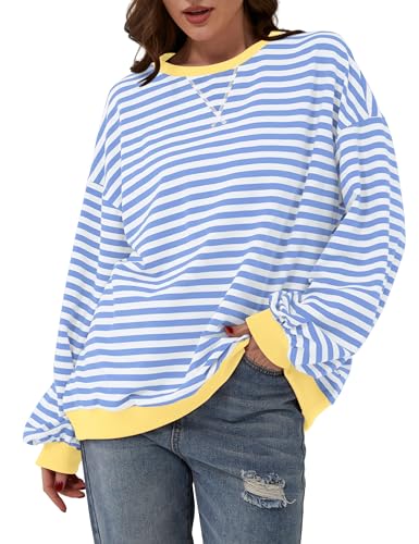 Labolliy Women Striped Oversized Sweatshirt Color Block Crew Neck Long Sleeve Shirt Casual Pullover Top Fall Y2K Clothes Blue White