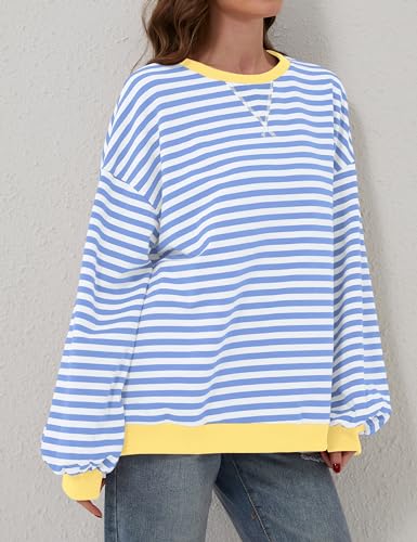 Labolliy Women Striped Oversized Sweatshirt Color Block Crew Neck Long Sleeve Shirt Casual Pullover Top Fall Y2K Clothes Blue White
