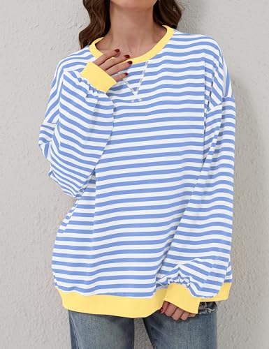 Labolliy Women Striped Oversized Sweatshirt Color Block Crew Neck Long Sleeve Shirt Casual Pullover Top Fall Y2K Clothes Blue White