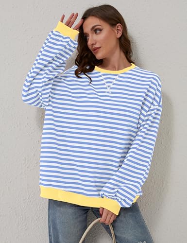 Labolliy Women Striped Oversized Sweatshirt Color Block Crew Neck Long Sleeve Shirt Casual Pullover Top Fall Y2K Clothes Blue White