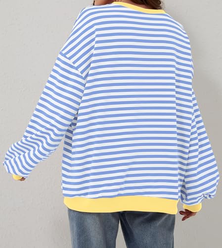 Labolliy Women Striped Oversized Sweatshirt Color Block Crew Neck Long Sleeve Shirt Casual Pullover Top Fall Y2K Clothes Blue White