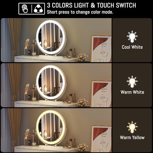 LVSOMT 20" Large Makeup Vanity Mirror with Lights, LED Lighted Circle Mirror, High Definition Round Tabletop/Desk Mirror with 3 Color Dimmable Lighting Modes & Touch Screen (White)