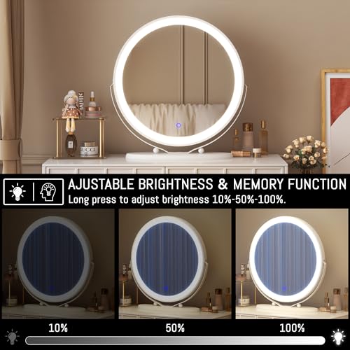 LVSOMT 20" Large Makeup Vanity Mirror with Lights, LED Lighted Circle Mirror, High Definition Round Tabletop/Desk Mirror with 3 Color Dimmable Lighting Modes & Touch Screen (White)