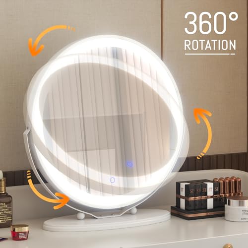 LVSOMT 20" Large Makeup Vanity Mirror with Lights, LED Lighted Circle Mirror, High Definition Round Tabletop/Desk Mirror with 3 Color Dimmable Lighting Modes & Touch Screen (White)