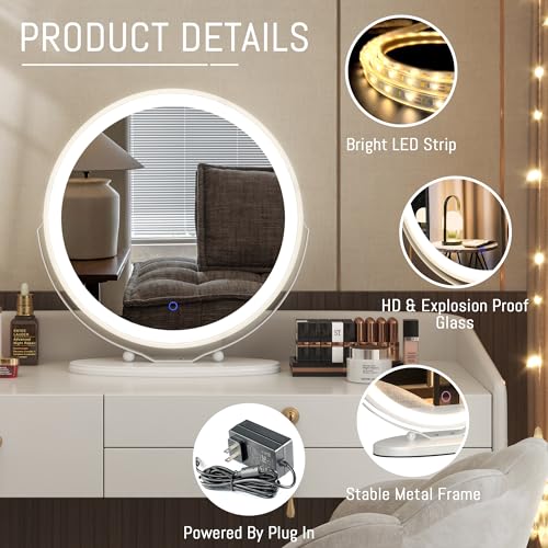 LVSOMT 20" Large Makeup Vanity Mirror with Lights, LED Lighted Circle Mirror, High Definition Round Tabletop/Desk Mirror with 3 Color Dimmable Lighting Modes & Touch Screen (White)