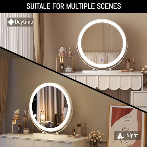 LVSOMT 20" Large Makeup Vanity Mirror with Lights, LED Lighted Circle Mirror, High Definition Round Tabletop/Desk Mirror with 3 Color Dimmable Lighting Modes & Touch Screen (White)