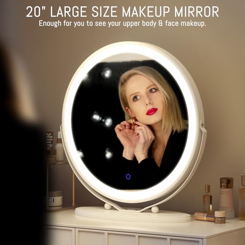 LVSOMT 20" Large Makeup Vanity Mirror with Lights, LED Lighted Circle Mirror, High Definition Round Tabletop/Desk Mirror with 3 Color Dimmable Lighting Modes & Touch Screen (White)