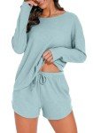 PrinStory Pajamas Set for Women Waffle Knit Lounge Set 2 Piece Outfits Loungewear Sweatsuit with Pockets Blue Green