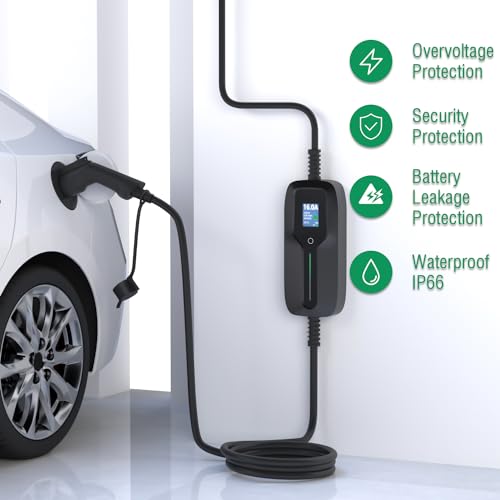 Portable 10/16A EV Charger with 25ft Cable & LCD Display