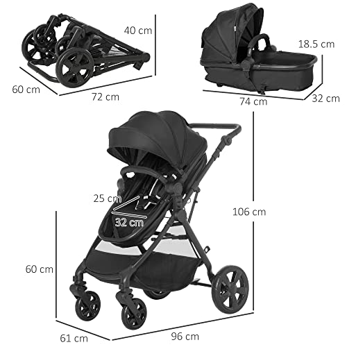 HOMCOM Lightweight 2-in-1 Baby Stroller Pram, Black