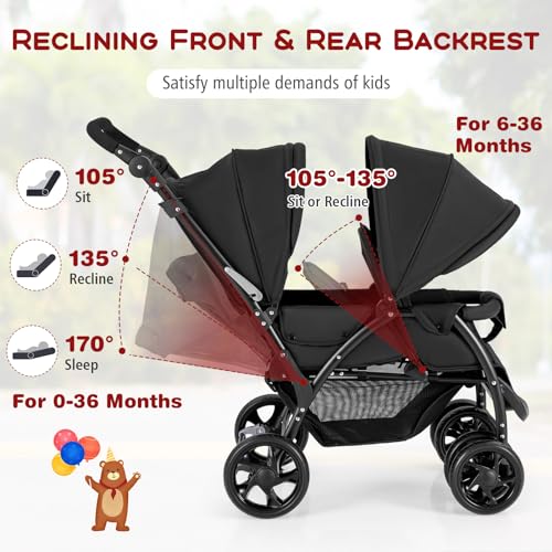 GYMAX Double Seat Stroller with Adjustable Push Handle