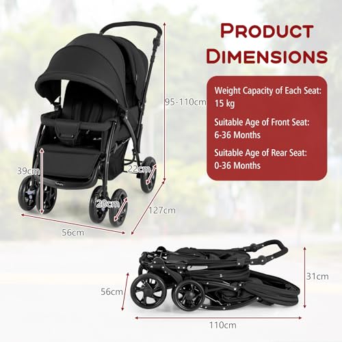 GYMAX Double Seat Stroller with Adjustable Push Handle