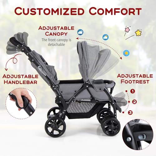 GYMAX Double Seat Stroller with Adjustable Handle (Grey)
