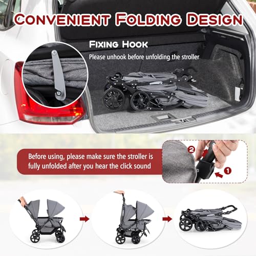 GYMAX Double Seat Stroller with Adjustable Handle (Grey)