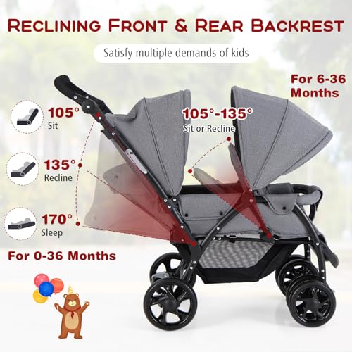 GYMAX Double Seat Stroller with Adjustable Handle (Grey)