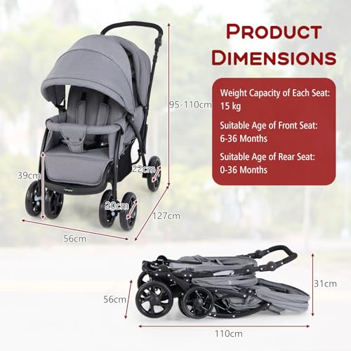 GYMAX Double Seat Stroller with Adjustable Handle (Grey)