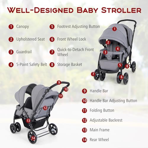 GYMAX Double Seat Stroller with Adjustable Handle (Grey)