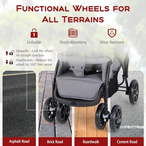 GYMAX Double Seat Stroller with Adjustable Handle (Grey)