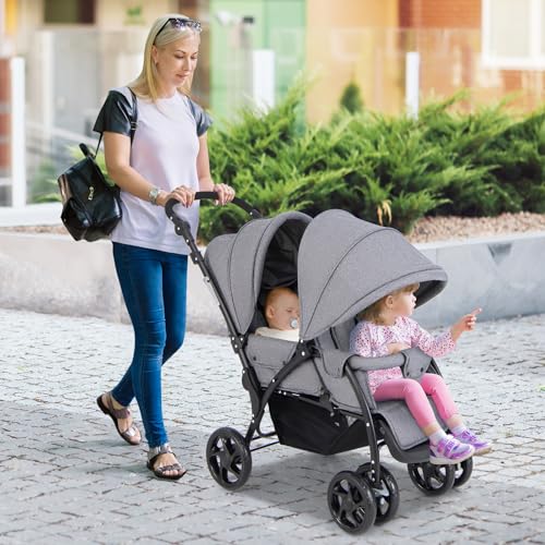 GYMAX Double Seat Stroller with Adjustable Handle (Grey)