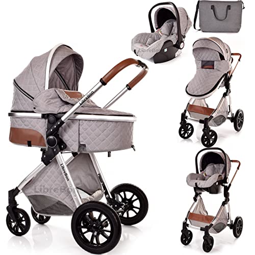 3-in-1 Lightweight Baby Pram Travel System (Light Grey)