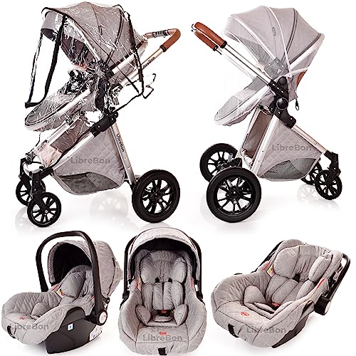 3-in-1 Lightweight Baby Pram Travel System (Light Grey)