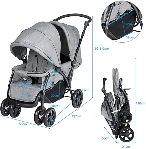 COSTWAY Double Seat Foldable Twin Tandem Pushchair