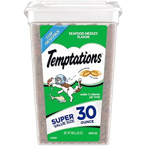Seafood flavored cat treats in large tub