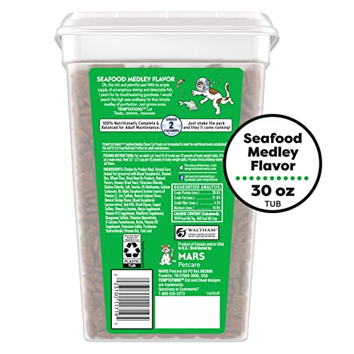 Seafood flavored cat treats in large tub