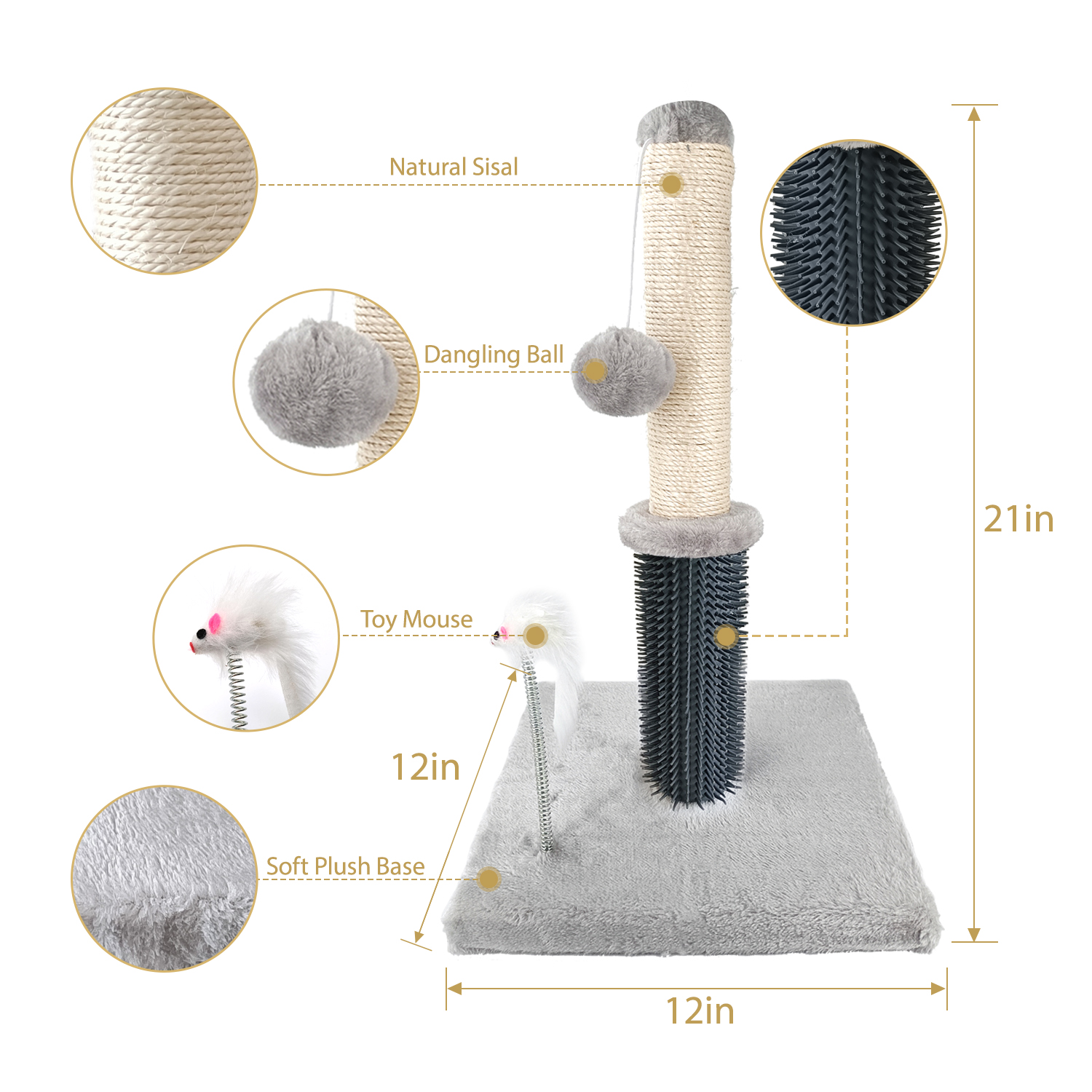 20" Cat Scratching Post with Grooming Brush & Ball