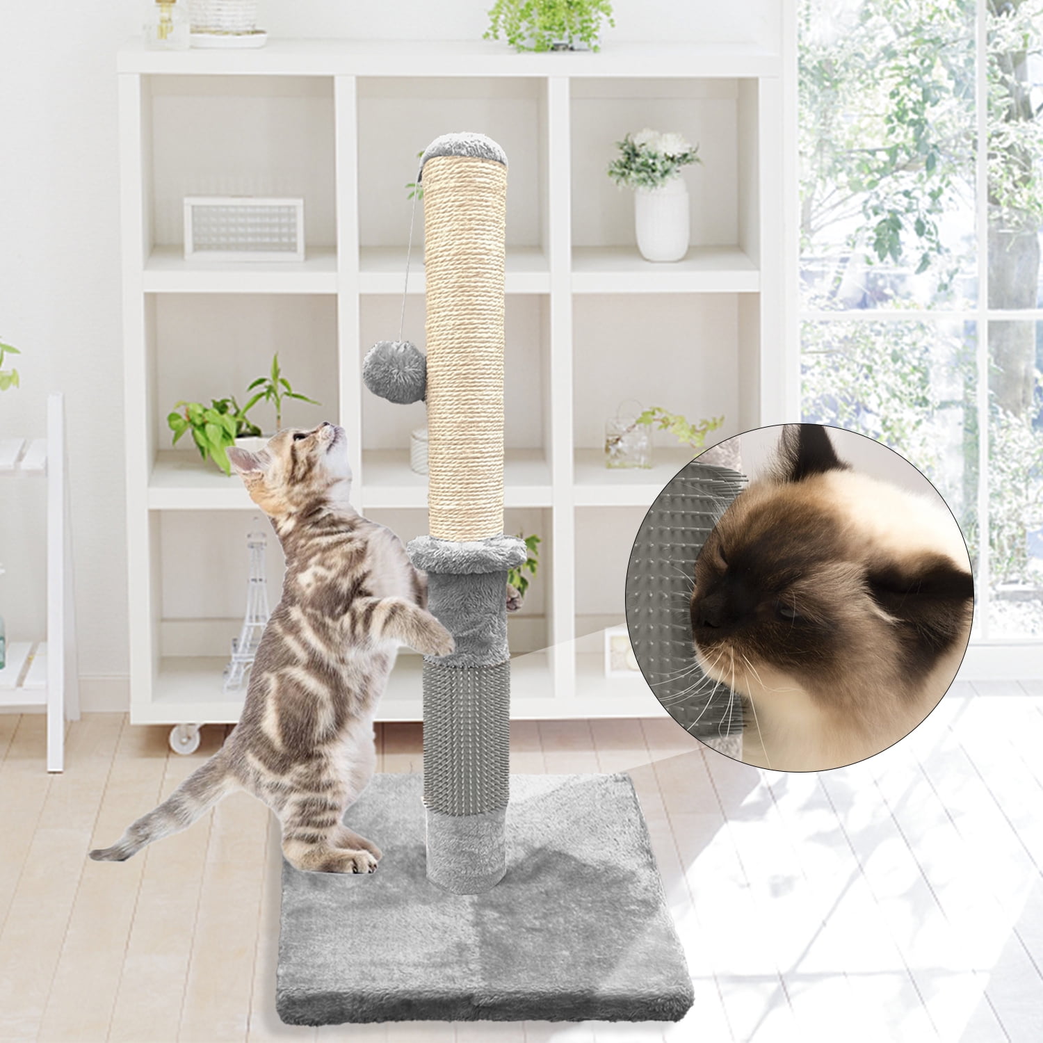 Light Gray Cat Scratching Post with Self Groomer