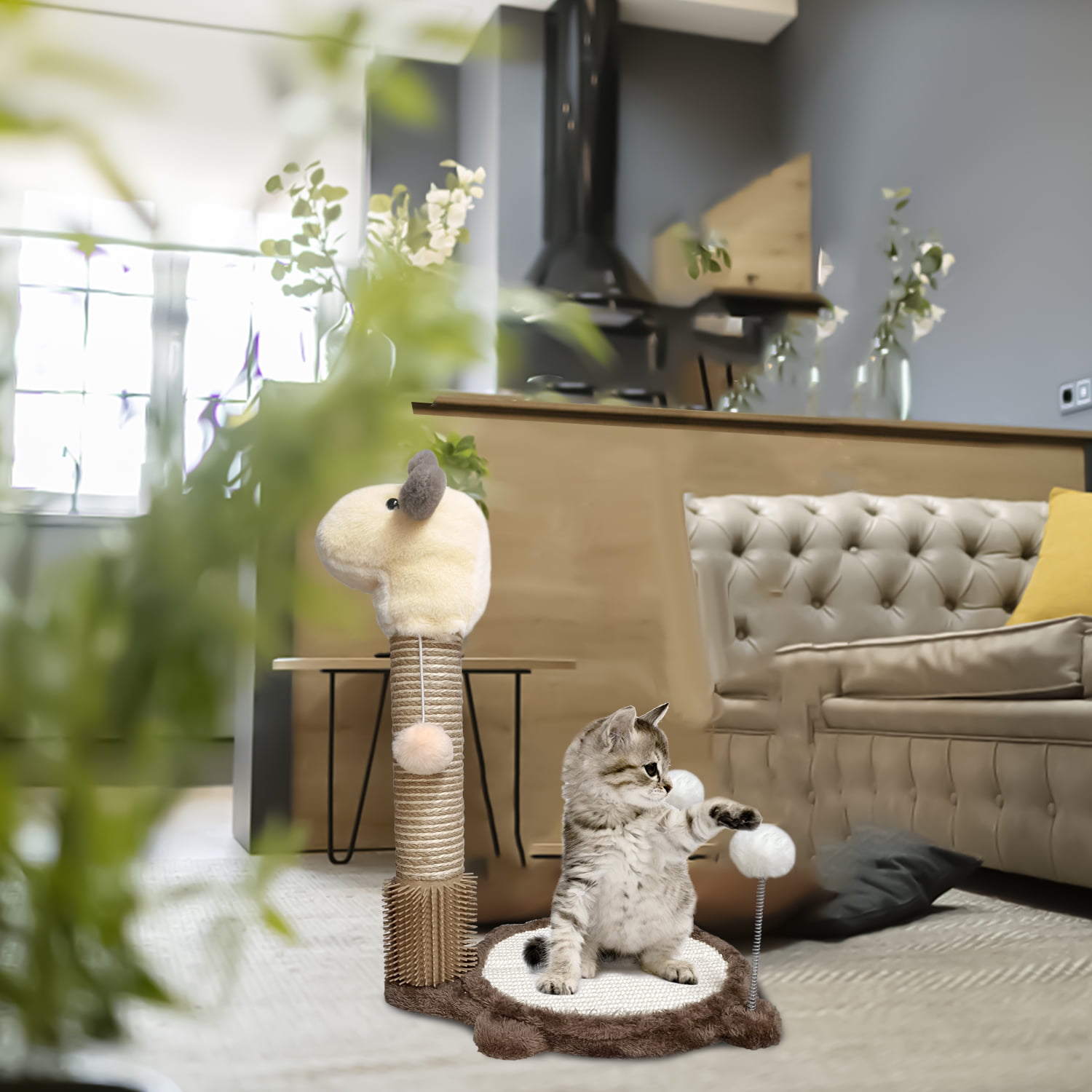 Cat Scratching Post with Mat and Groomer