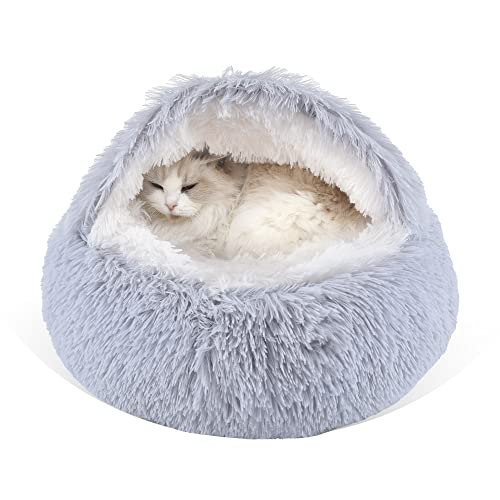 Fluffy Hooded Cat Bed Cave, 20in Grey