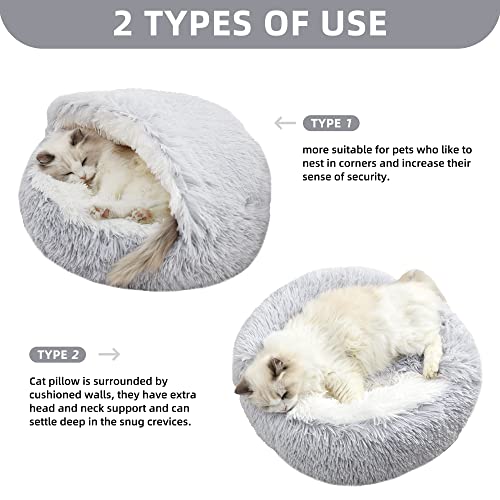 Fluffy Hooded Cat Bed Cave, 20in Grey