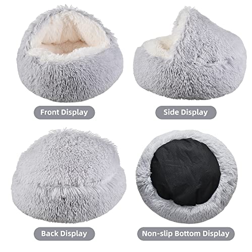 Fluffy Hooded Cat Bed Cave, 20in Grey