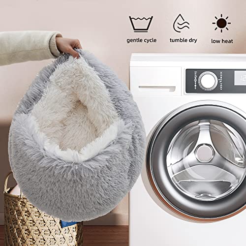 Fluffy Hooded Cat Bed Cave, 20in Grey