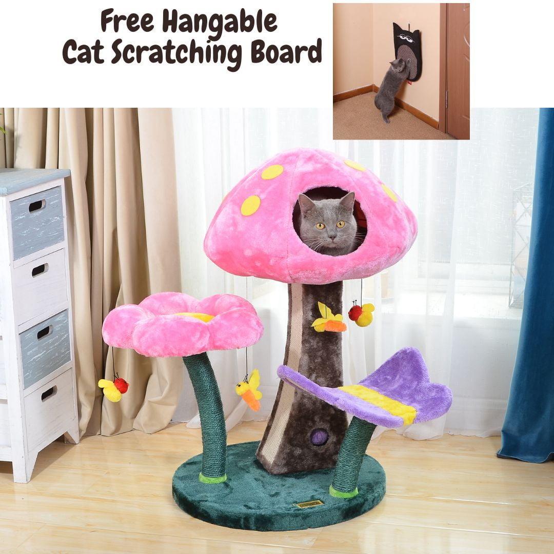 31" Pink Mushroom Flower Cat Tree with Teaser Bonus