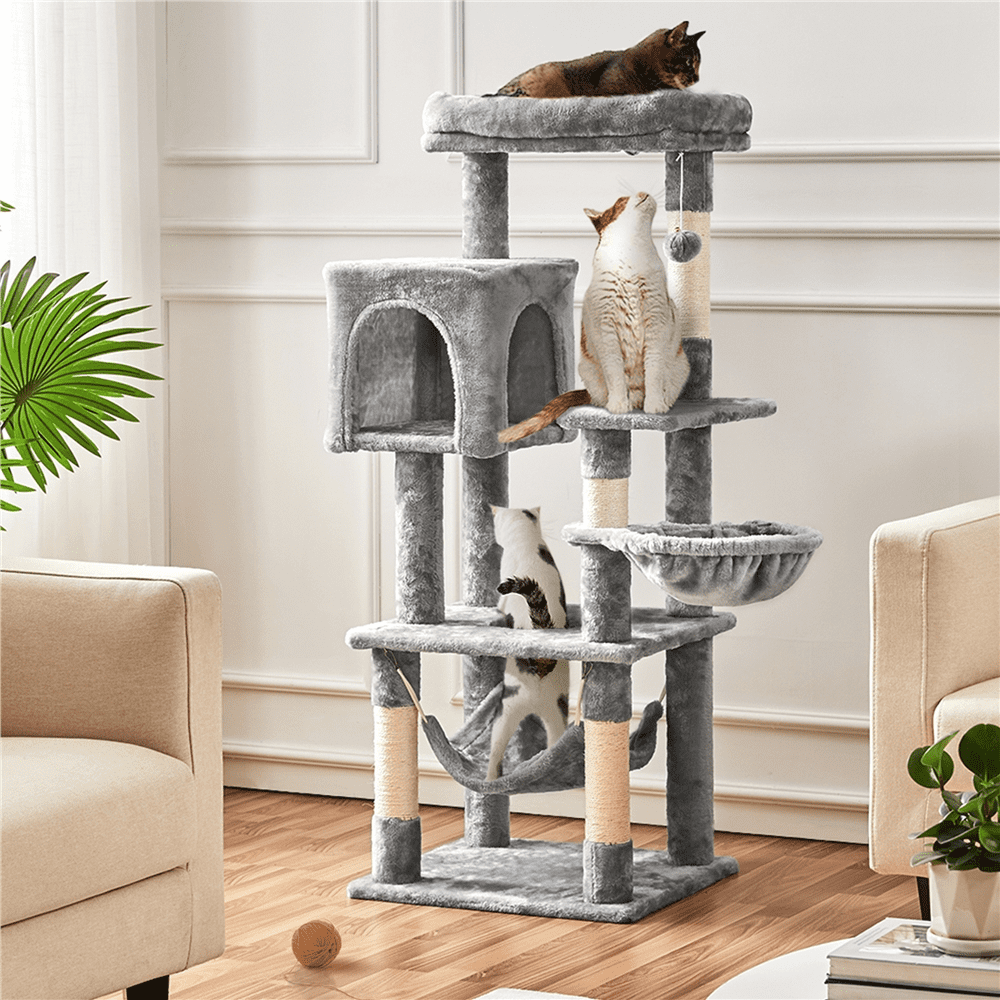 Multilevel Light Gray Cat Tower with Condo