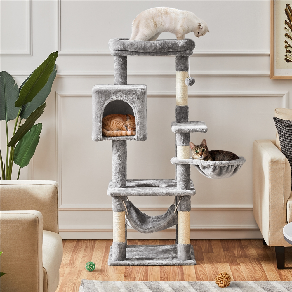 Multilevel Light Gray Cat Tower with Condo