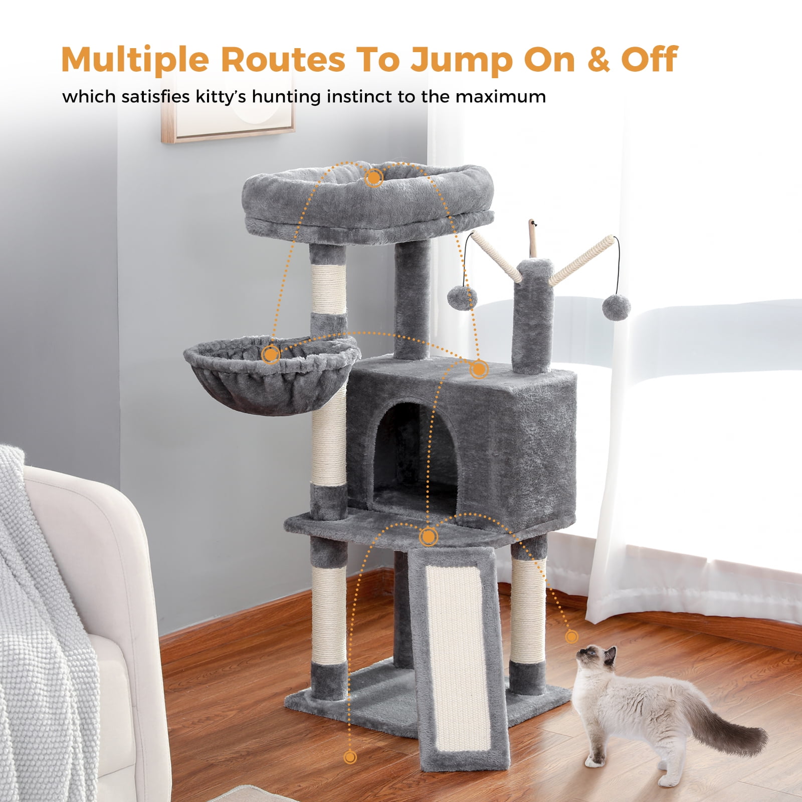Gray Cat Tree Tower with Scratching Post