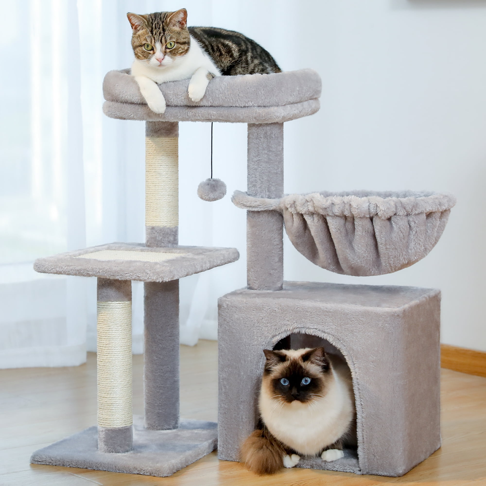 Cat Tree Tower with Basket & Perch, Gray