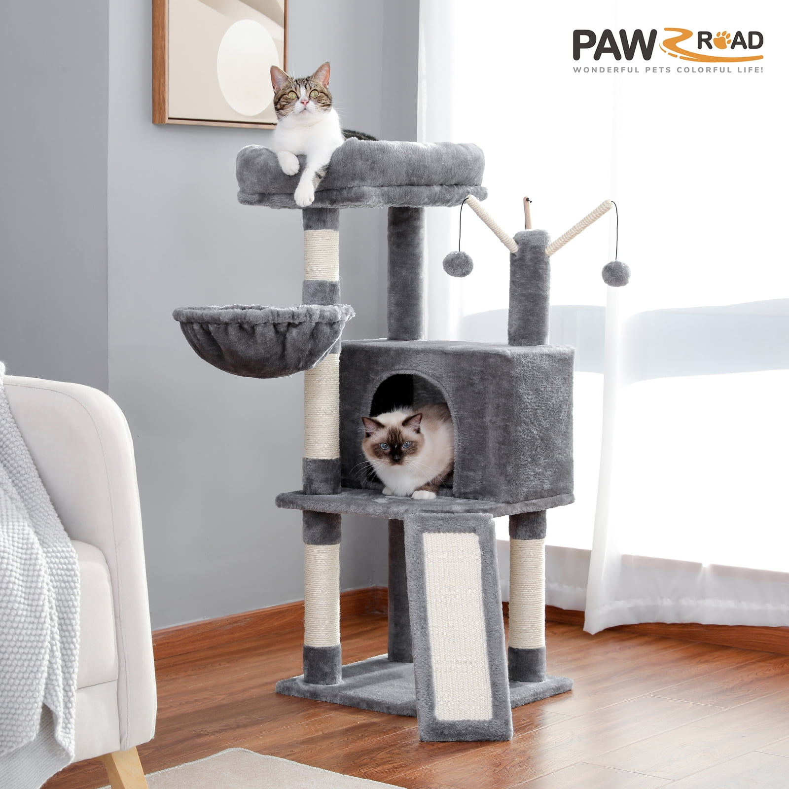 Gray Cat Tree Tower with Scratching Post