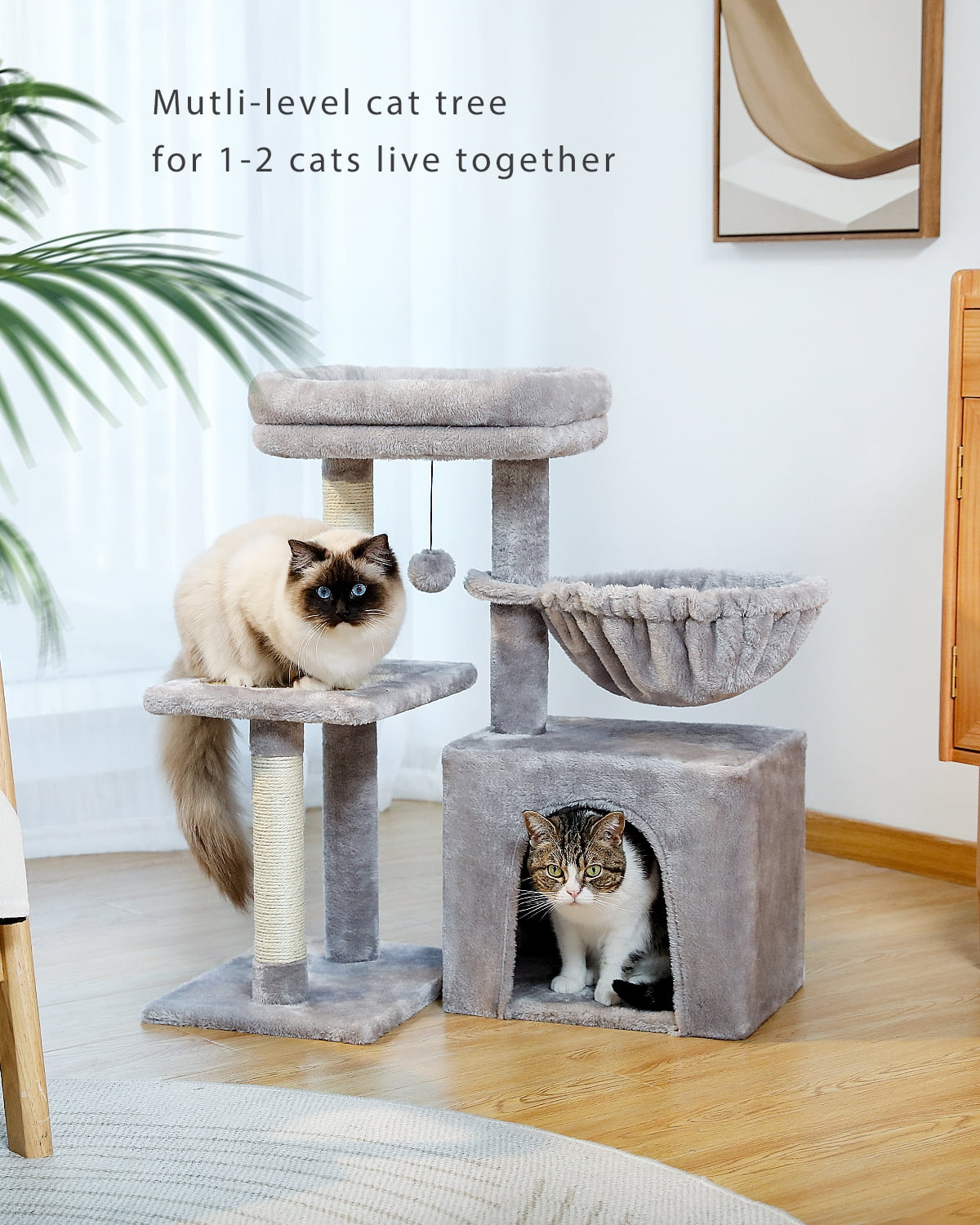 Cat Tree Tower with Basket & Perch, Gray