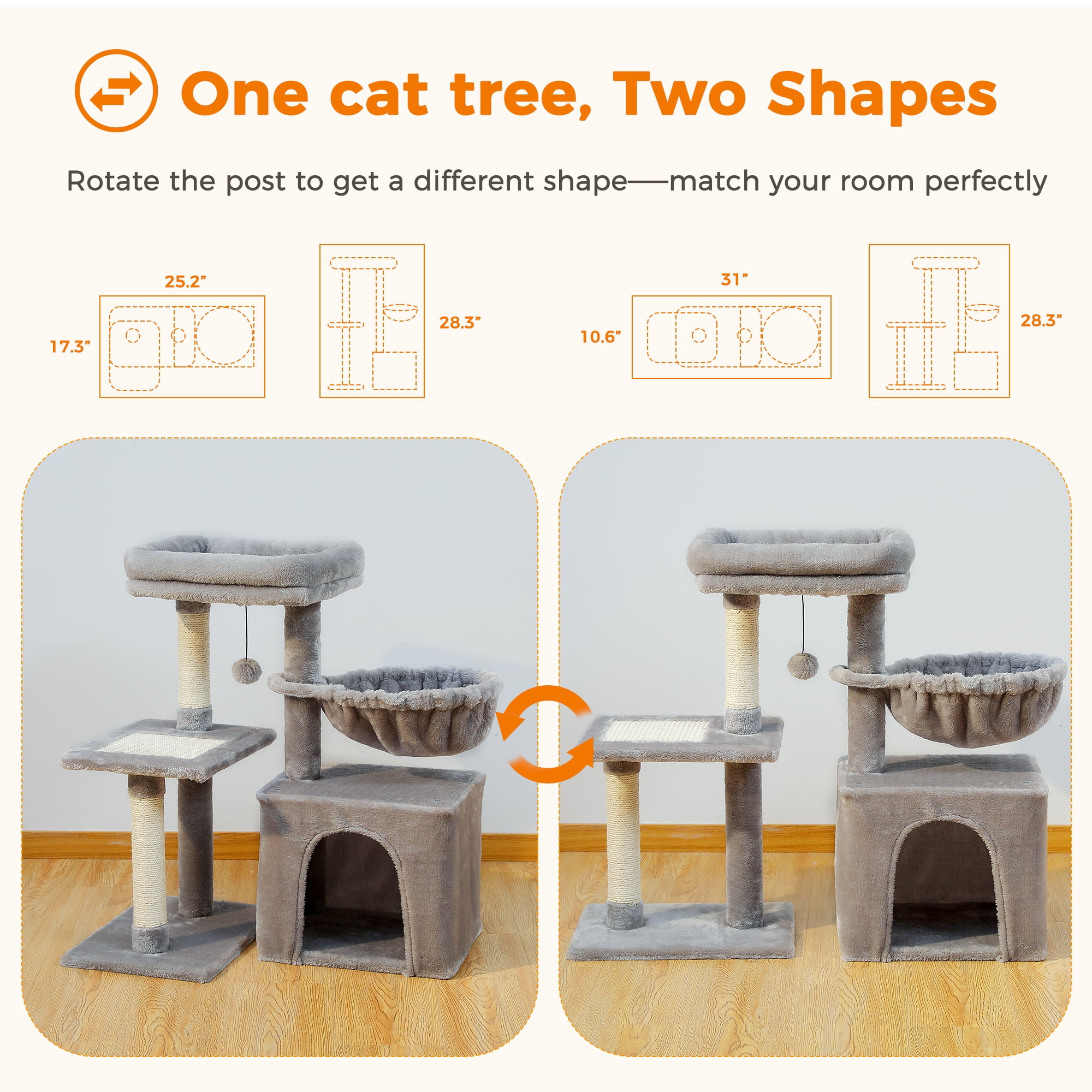 Cat Tree Tower with Basket & Perch, Gray