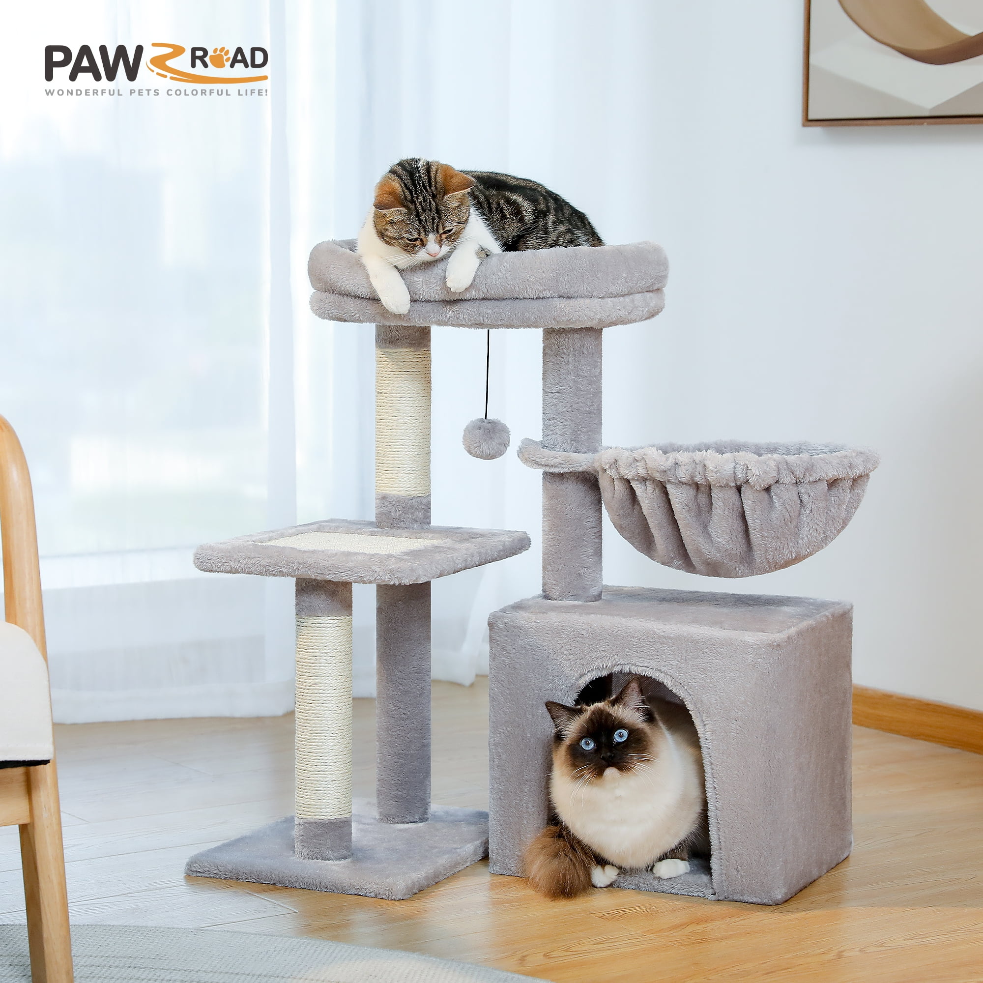 Cat Tree Tower with Basket & Perch, Gray