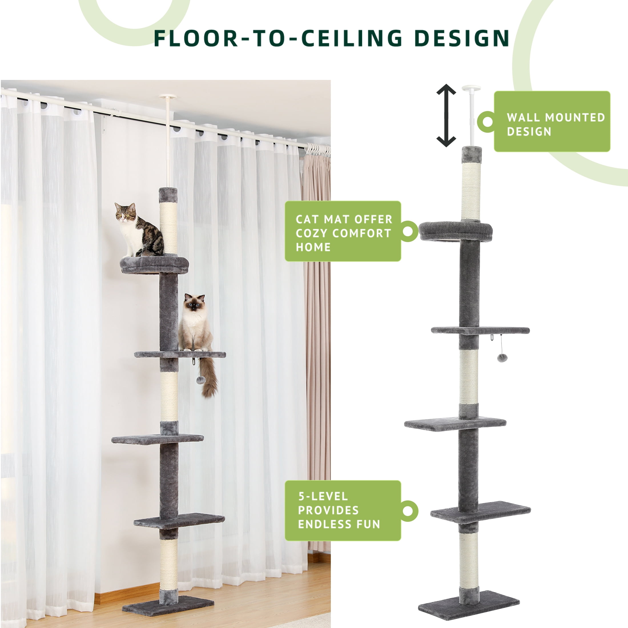 Gray 5-Tier Cat Tower with Adjustable Height